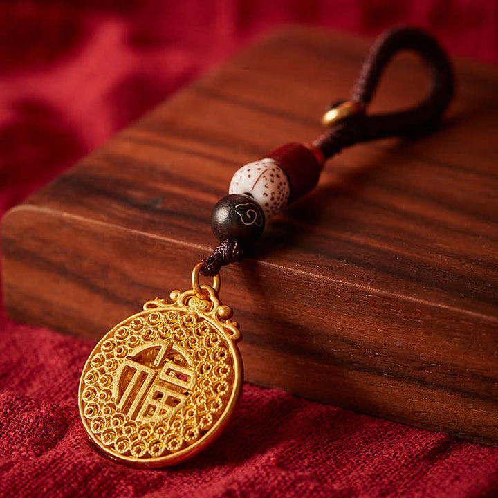 Buddha Stones Porte-clés vintage en cuivre avec le personnage de Peacock Fu - image 3