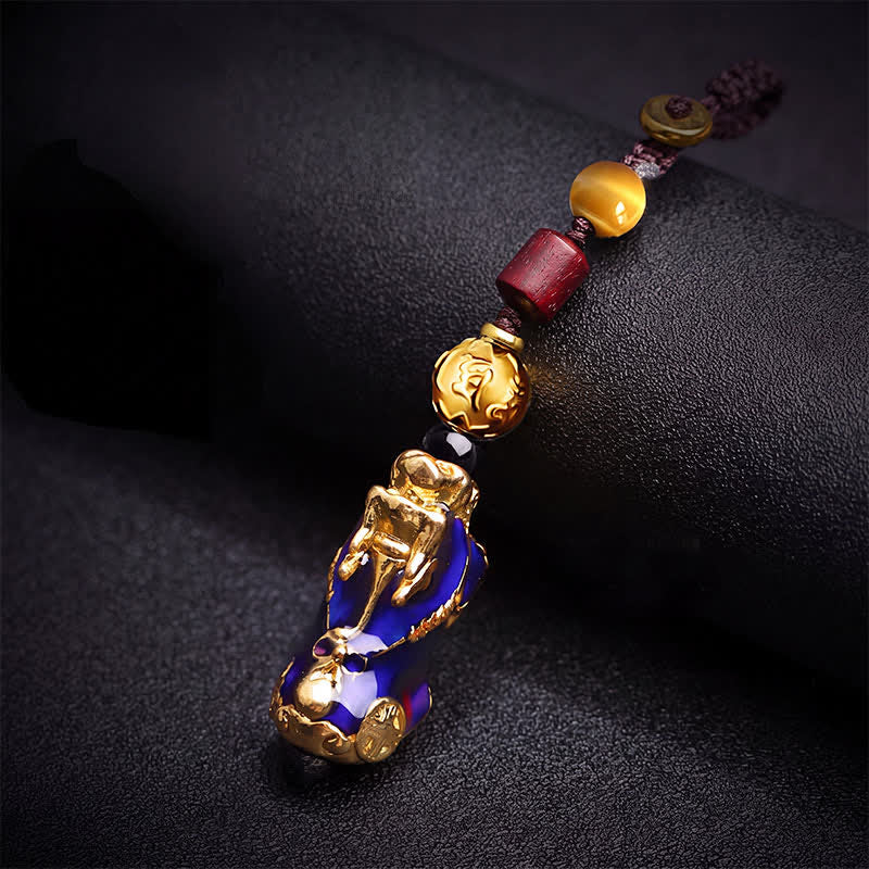 Buddha Stones Porte-clés de voiture en corde tressée Pi Xiu en laiton à changement de couleur, symbole de richesse et d'énergie - Porte-clés Pi Xiu (Dimensions du pendentif : 33 x 15 x 13 mm) - image 0