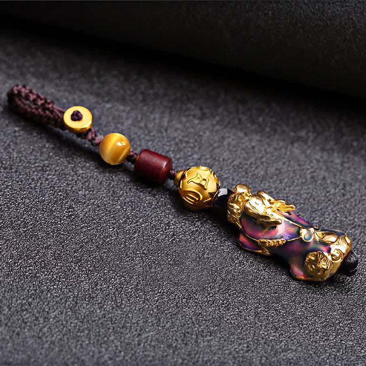 Buddha Stones Porte-clés de voiture en corde tressée Pi Xiu en laiton à changement de couleur, symbole de richesse et d'énergie - image 9