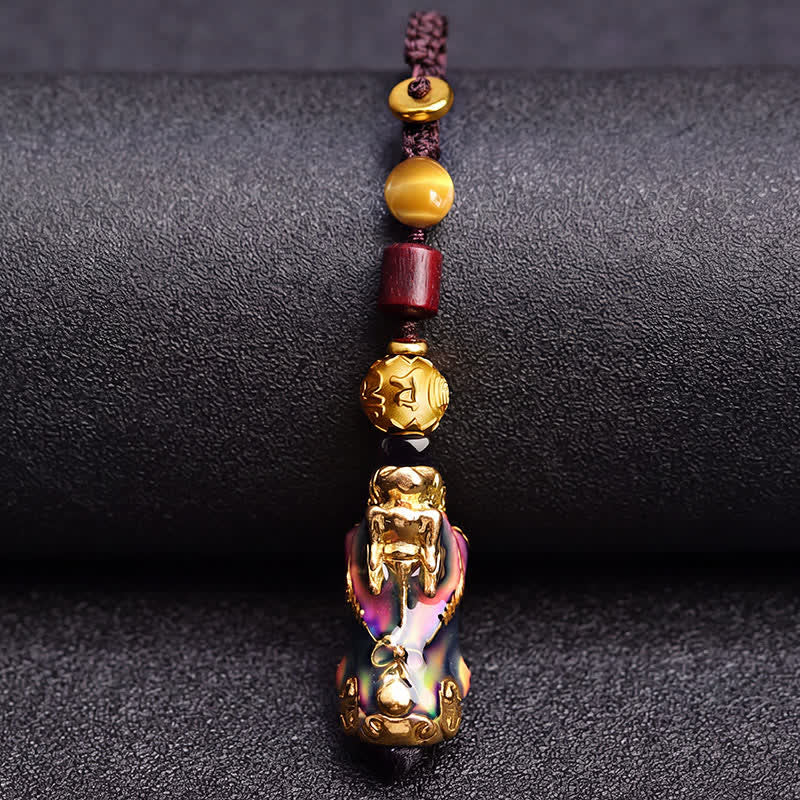 Buddha Stones Porte-clés de voiture en corde tressée Pi Xiu en laiton à changement de couleur, symbole de richesse et d'énergie - image 3