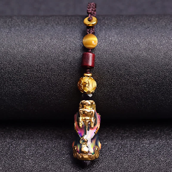 Buddha Stones Porte-clés de voiture en corde tressée Pi Xiu en laiton à changement de couleur, symbole de richesse et d'énergie - image 3