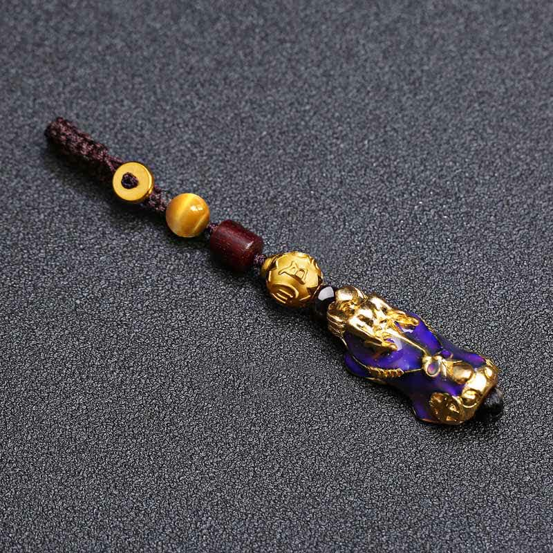 Buddha Stones Porte-clés de voiture en corde tressée Pi Xiu en laiton à changement de couleur, symbole de richesse et d'énergie - image 1