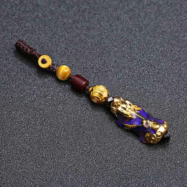 Buddha Stones Porte-clés de voiture en corde tressée Pi Xiu en laiton à changement de couleur, symbole de richesse et d'énergie - image 1