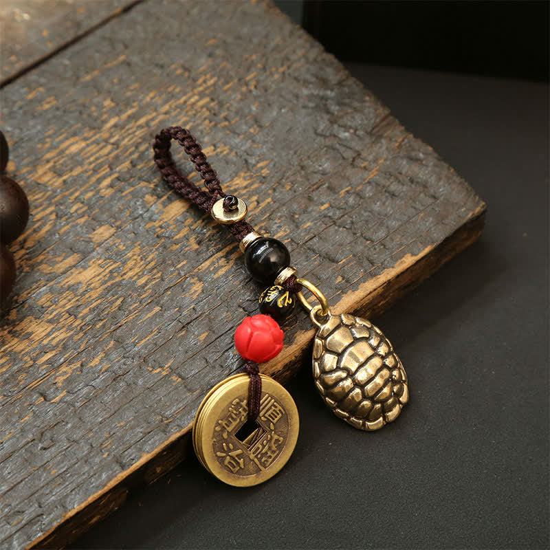 Buddha Stones Porte-clés de protection en laiton avec pièces Pi Xiu et cinq empereurs - Tortue Cinq Pièces de l'Empereur - image 16