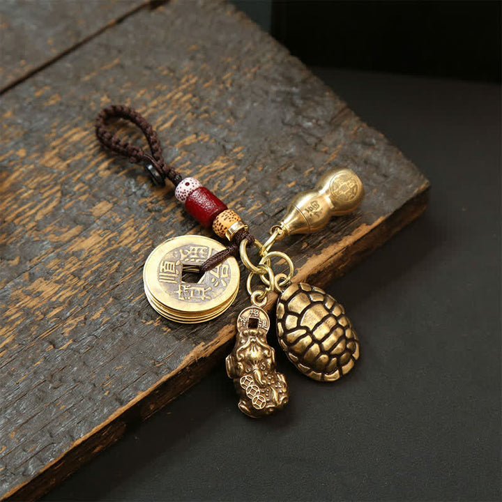 Buddha Stones Porte-clés de protection en laiton avec pièces Pi Xiu et cinq empereurs - Gourde tortue Pi Xiu Cinq pièces de l'empereur - image 18