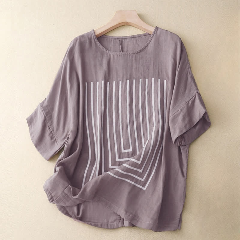 T-shirt décontracté à manches courtes en coton et lin pour femme, motif imprimé Buddha Stones - Chardon - US12，UK/AU16，EU44 (2XL) - image 17