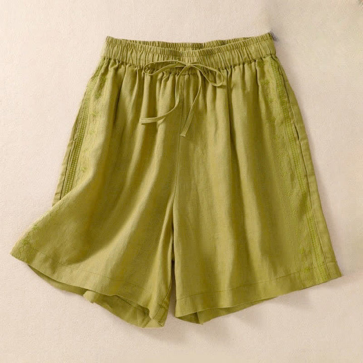 Short femme à cordon de serrage et poches, orné d'un motif floral brodé et de Buddha Stones - JauneVert - US8-10，UK/AU12-14，EU40-42 (2XL) - image 15
