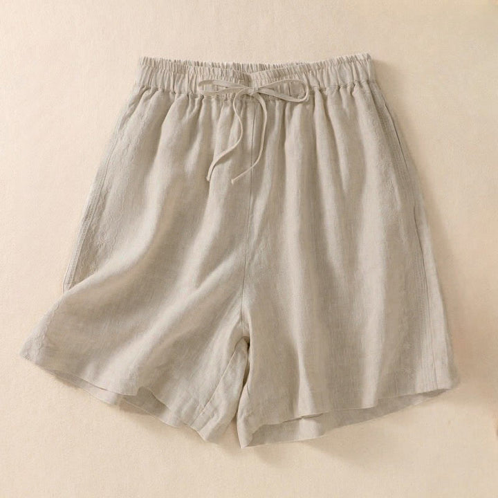 Short femme à cordon de serrage et poches, orné d'un motif floral brodé et de Buddha Stones - Beige - US8-10，UK/AU12-14，EU40-42 (2XL) - image 9