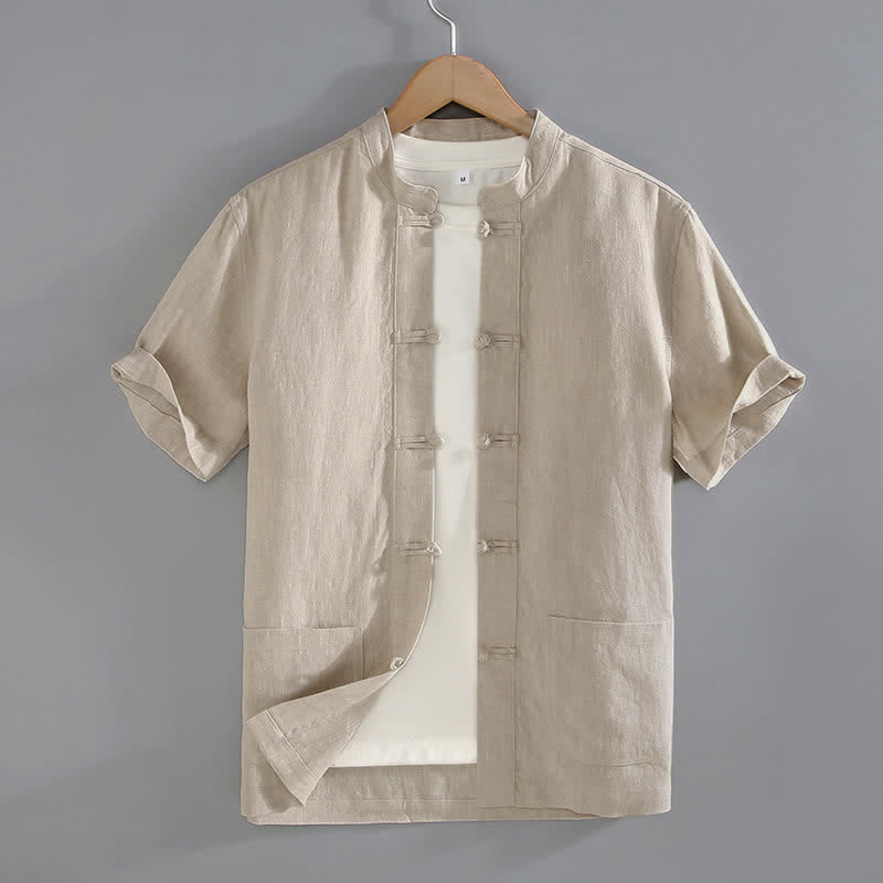 Chemise chinoise vintage à boutons grenouille et poches, style Tang, avec Buddha Stones - Beige - US/UK/AU46，EU56 (5XL) - image 0