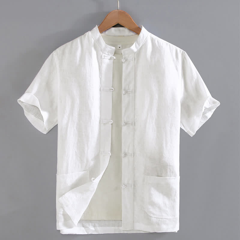 Chemise chinoise vintage à boutons grenouille et poches, style Tang, avec Buddha Stones - Blanc - US/UK/AU46，EU56 (5XL) - image 10