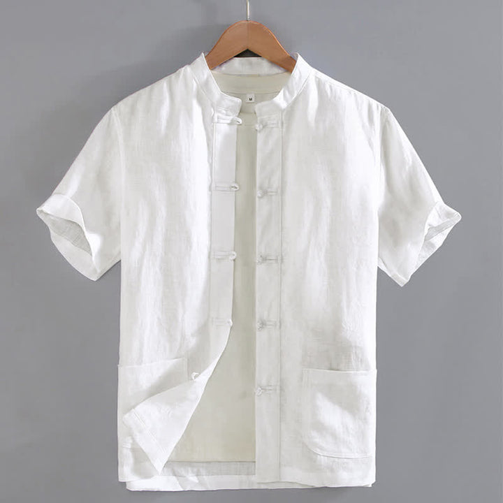 Chemise chinoise vintage à boutons grenouille et poches, style Tang, avec Buddha Stones - Blanc - US/UK/AU46，EU56 (5XL) - image 10