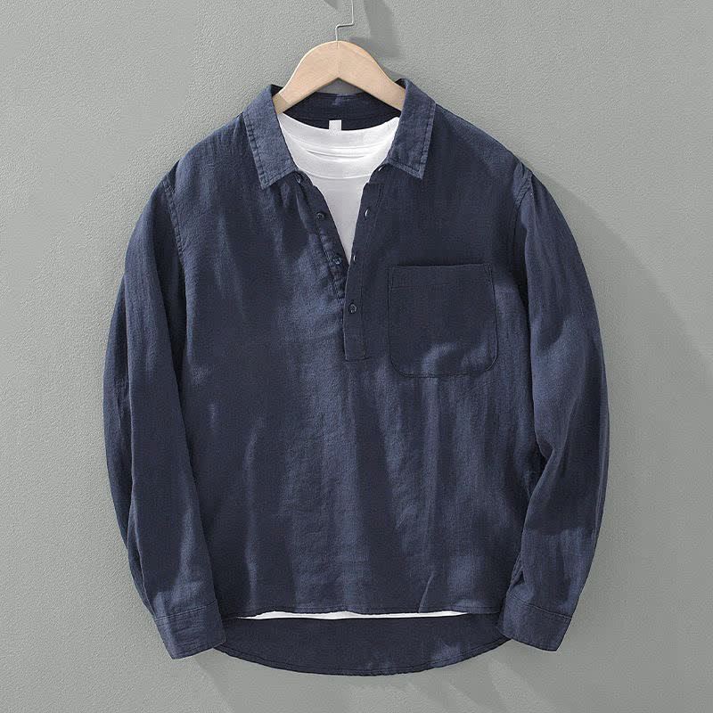 Buddha Stones Chemises d'été minimalistes à manches longues pour hommes, unies, avec poche plaquée - Bleu nuit - US/UK/AU44, EU54 (4XL) - image 0