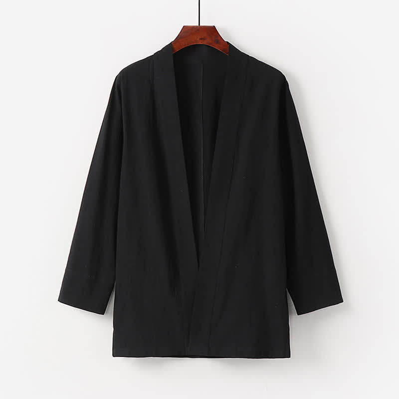 Buddha Stones Kimono d'été minimaliste pour homme en coton et lin uni avec poche - Noir - US/UK/AU50，EU60 (7XL) - image 2