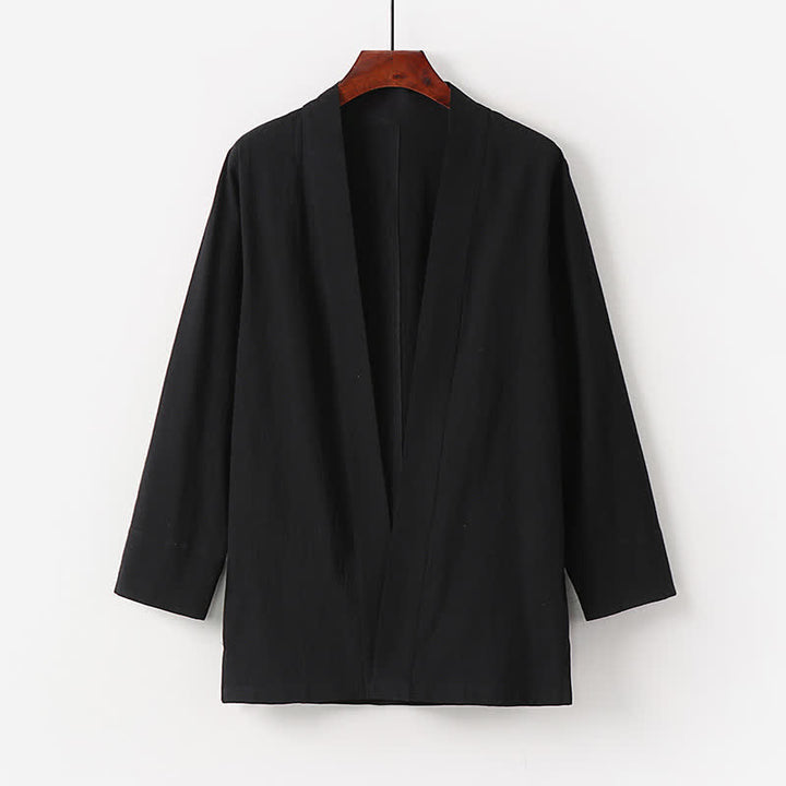 Buddha Stones Kimono d'été minimaliste pour homme en coton et lin uni avec poche - Noir - US/UK/AU50，EU60 (7XL) - image 2