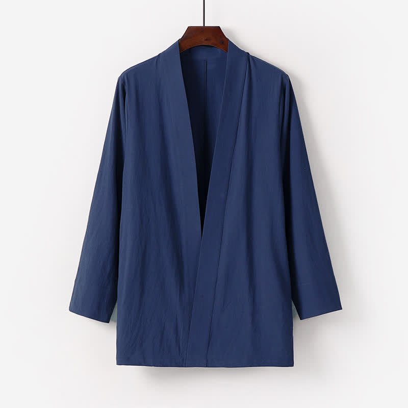 Buddha Stones Kimono d'été minimaliste pour homme en coton et lin uni avec poche - Bleu nuit - US/UK/AU50，EU60 (7XL) - image 0
