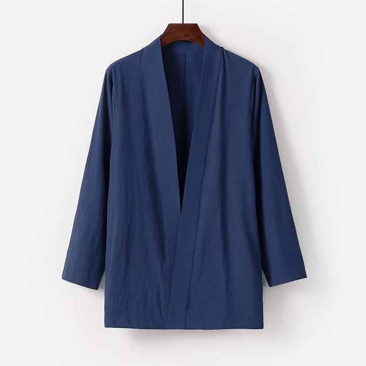 Buddha Stones Kimono d'été minimaliste pour homme en coton et lin uni avec poche - Bleu nuit - US/UK/AU50，EU60 (7XL) - image 0