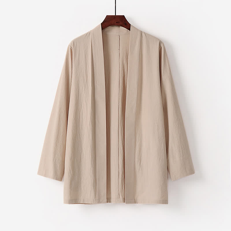 Buddha Stones Kimono d'été minimaliste pour homme en coton et lin uni avec poche - Beige - US/UK/AU50，EU60 (7XL) - image 3