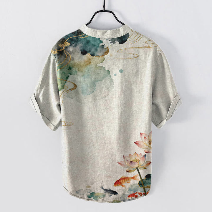 Buddha Stones Chemise homme à manches courtes et demi-boutonnée, motif carpes koï et lotus - image 1