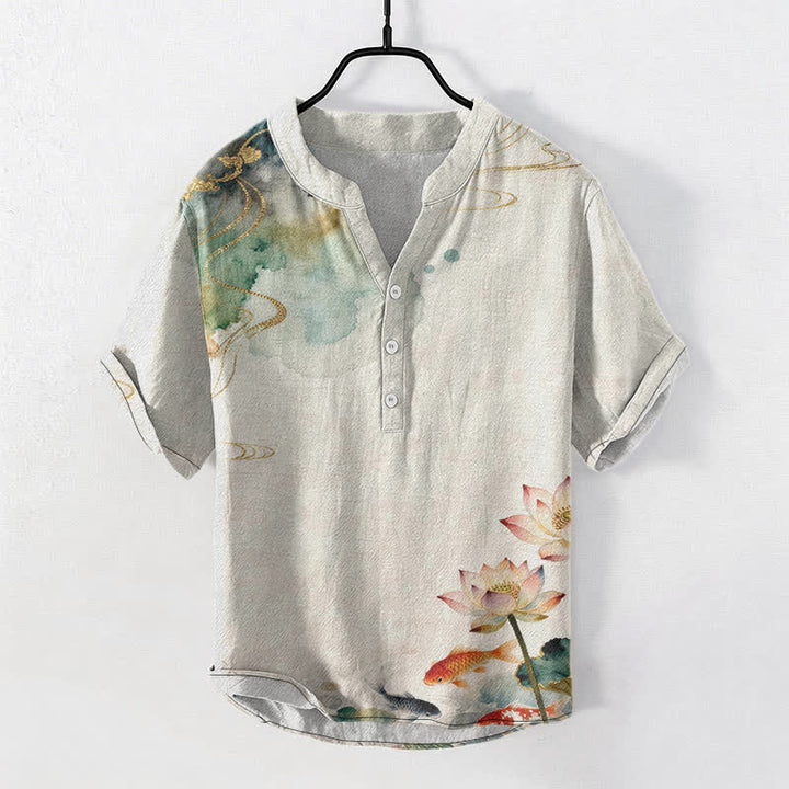 Buddha Stones Chemise homme à manches courtes et demi-boutonnée, motif carpes koï et lotus - Lin - US/UK/AU50，EU60 (5XL) - image 0