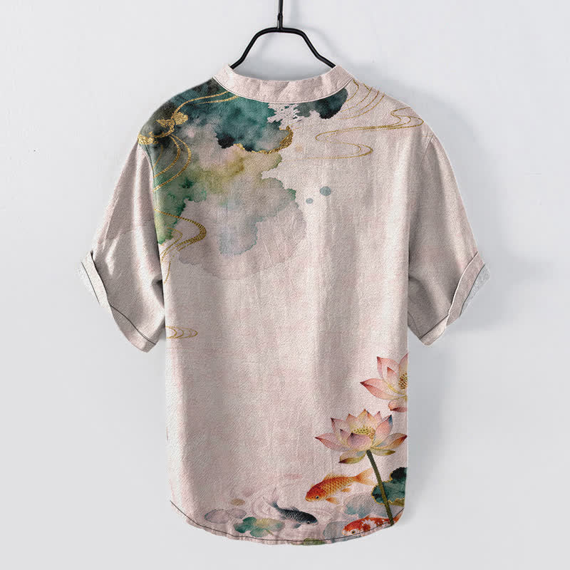 Buddha Stones Chemise homme à manches courtes et demi-boutonnée, motif carpes koï et lotus - image 6