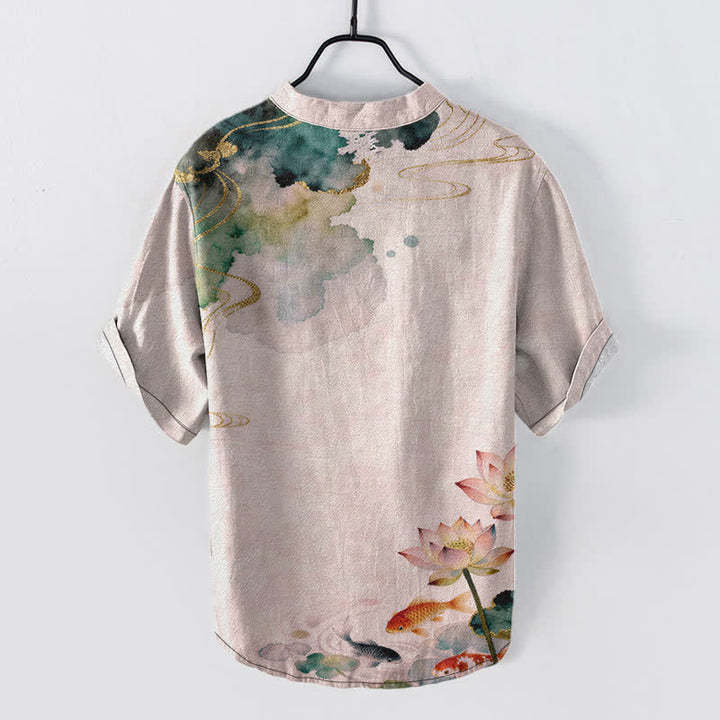 Buddha Stones Chemise homme à manches courtes et demi-boutonnée, motif carpes koï et lotus - image 6