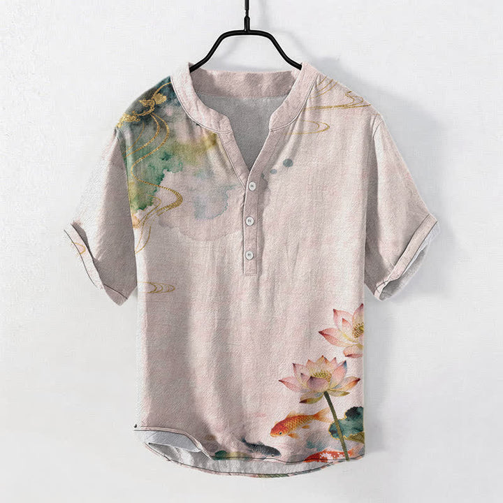 Buddha Stones Chemise homme à manches courtes et demi-boutonnée, motif carpes koï et lotus - LavandeBlush - US/UK/AU50，EU60 (5XL) - image 5