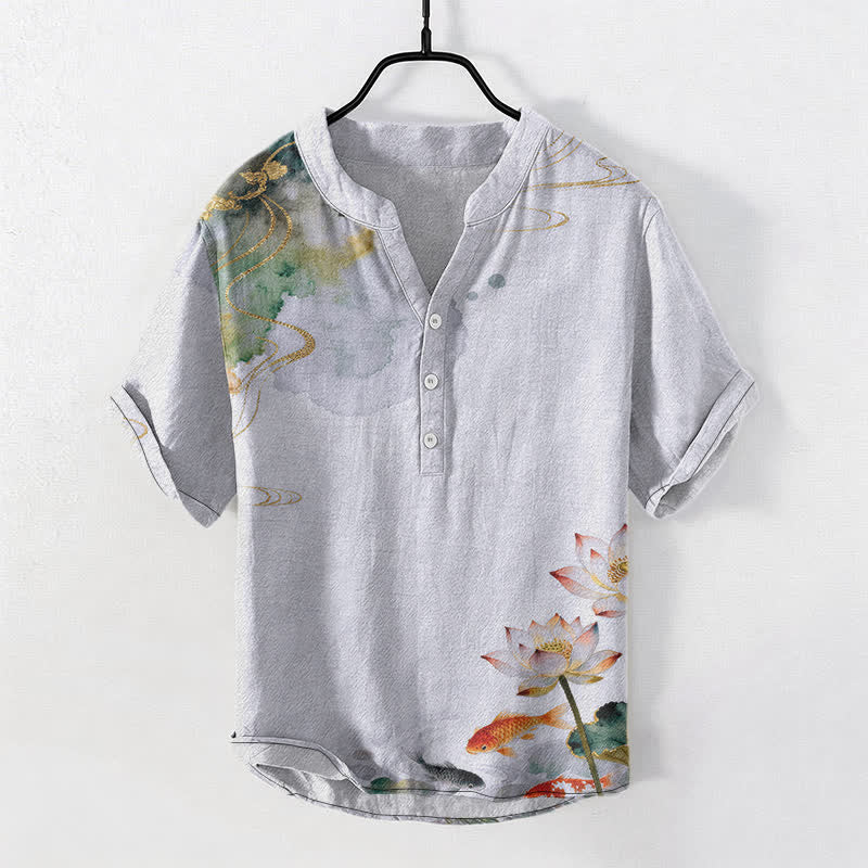 Buddha Stones Chemise homme à manches courtes et demi-boutonnée, motif carpes koï et lotus - Bleu clair - US/UK/AU50，EU60 (5XL) - image 7