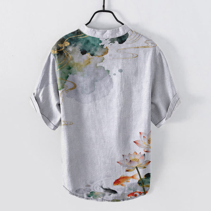 Buddha Stones Chemise homme à manches courtes et demi-boutonnée, motif carpes koï et lotus - image 8