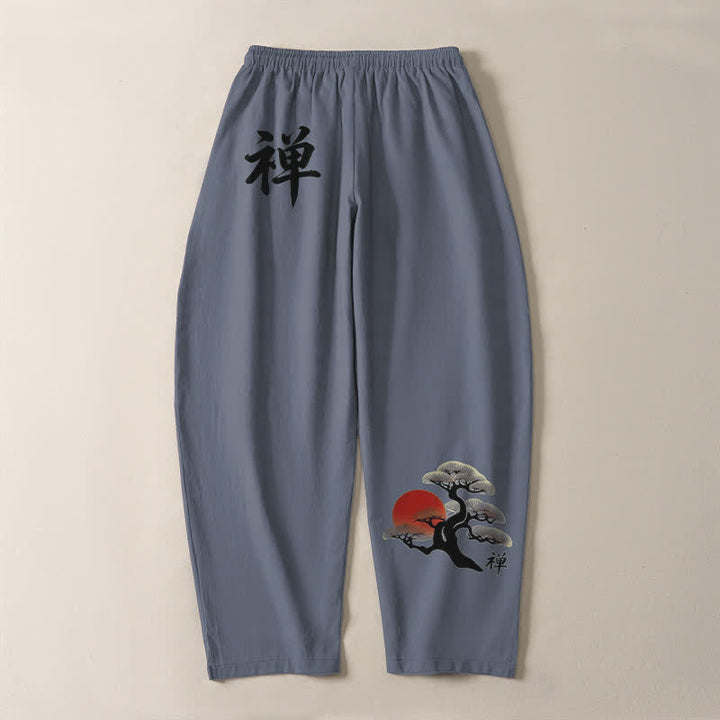 Buddha Stones Pantalon fuselé pour homme en pur coton, motif coucher de soleil zen bonsaï, cordon de serrage et poches - image 3