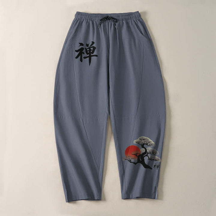 Buddha Stones Pantalon fuselé pour homme en pur coton, motif coucher de soleil zen bonsaï, cordon de serrage et poches - image 2