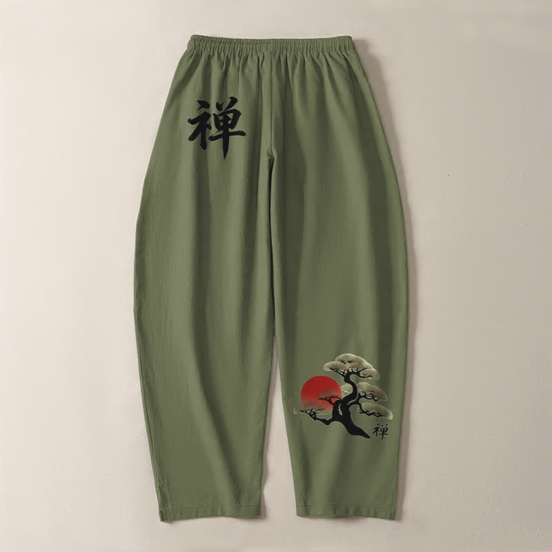 Buddha Stones Pantalon fuselé pour homme en pur coton, motif coucher de soleil zen bonsaï, cordon de serrage et poches - image 10