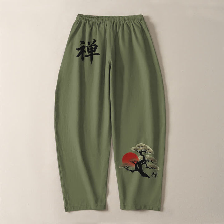 Buddha Stones Pantalon fuselé pour homme en pur coton, motif coucher de soleil zen bonsaï, cordon de serrage et poches - image 10