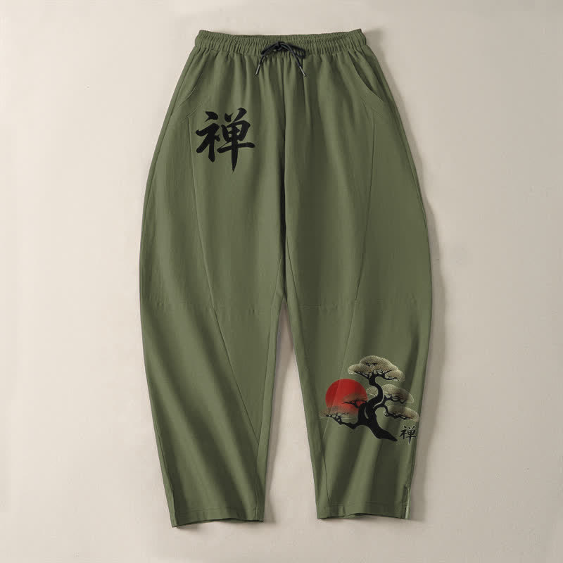Buddha Stones Pantalon fuselé pour homme en pur coton, motif coucher de soleil zen bonsaï, cordon de serrage et poches - image 9