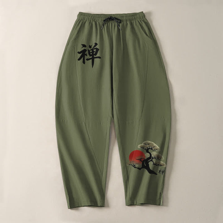 Buddha Stones Pantalon fuselé pour homme en pur coton, motif coucher de soleil zen bonsaï, cordon de serrage et poches - image 9