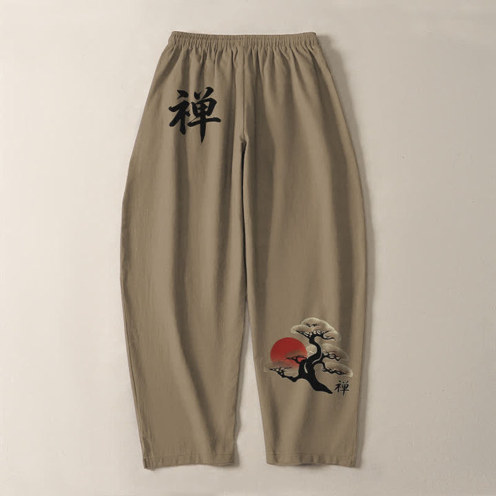 Buddha Stones Pantalon fuselé pour homme en pur coton, motif coucher de soleil zen bonsaï, cordon de serrage et poches - image 14