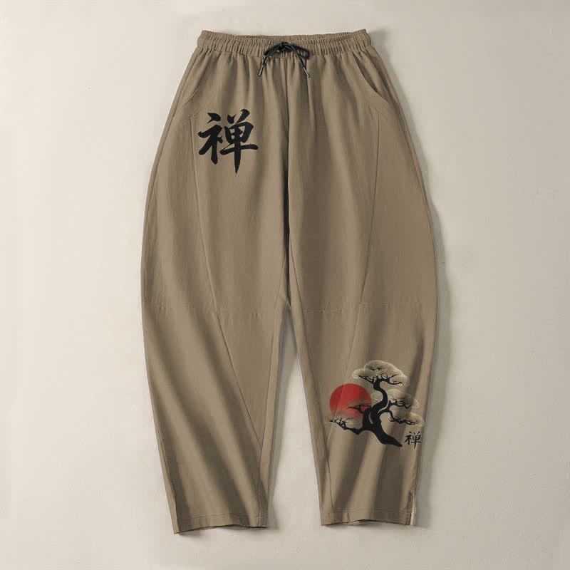Buddha Stones Pantalon fuselé pour homme en pur coton, motif coucher de soleil zen bonsaï, cordon de serrage et poches - image 13