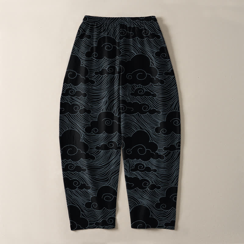 Buddha Stones Pantalon fuselé pour homme en pur coton, motif vagues et nuages ​​japonais, cordon de serrage et poches - image 3