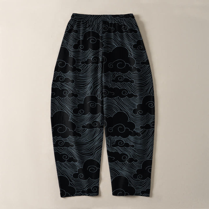 Buddha Stones Pantalon fuselé pour homme en pur coton, motif vagues et nuages ​​japonais, cordon de serrage et poches - image 3