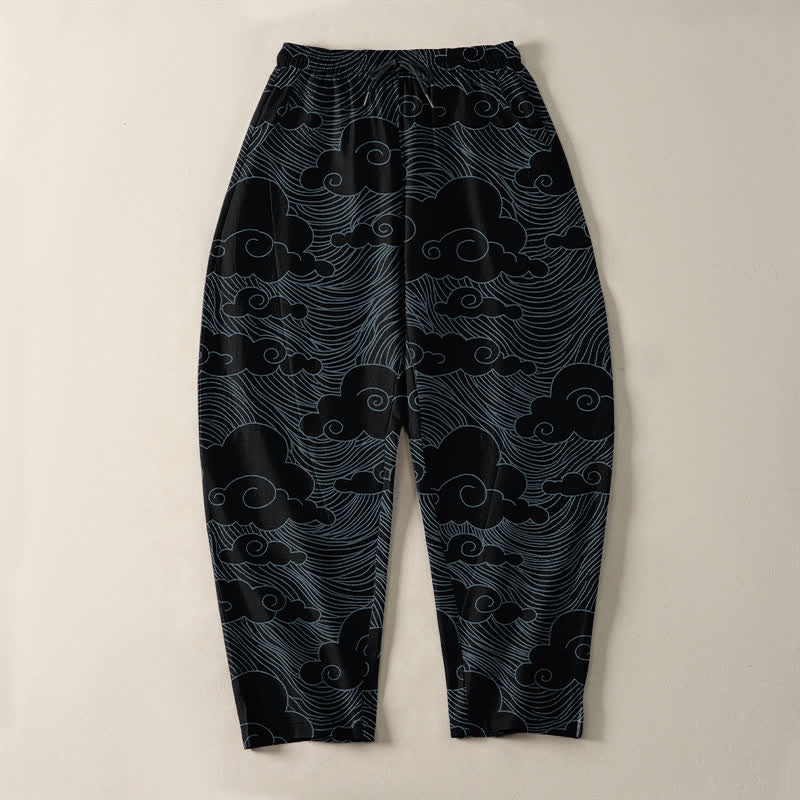 Buddha Stones Pantalon fuselé pour homme en pur coton, motif vagues et nuages ​​japonais, cordon de serrage et poches - image 2