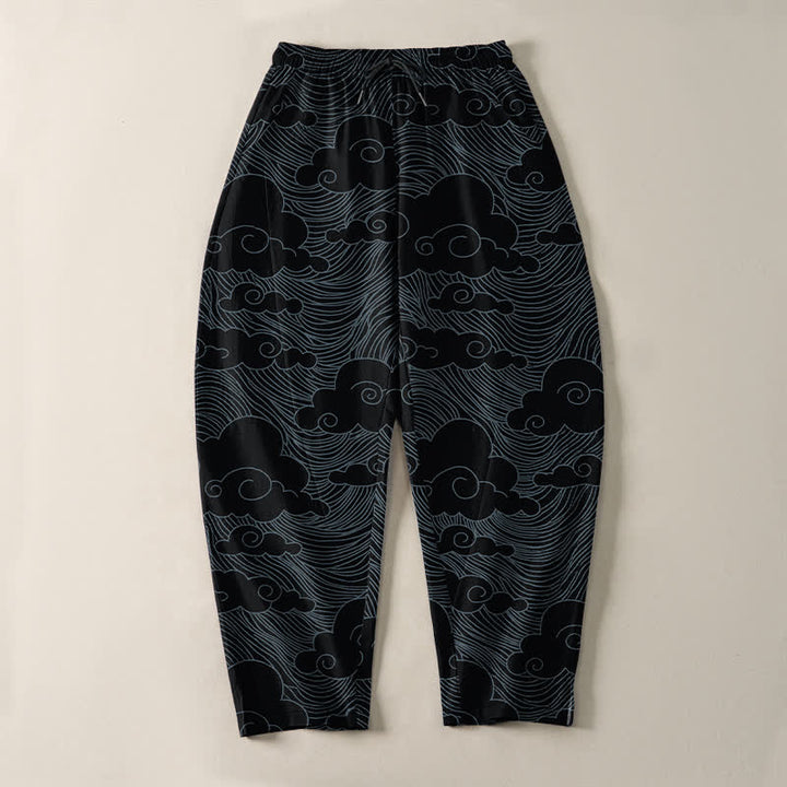 Buddha Stones Pantalon fuselé pour homme en pur coton, motif vagues et nuages ​​japonais, cordon de serrage et poches - image 2