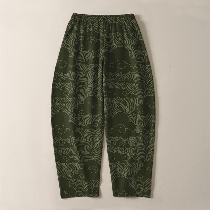 Buddha Stones Pantalon fuselé pour homme en pur coton, motif vagues et nuages ​​japonais, cordon de serrage et poches - image 10