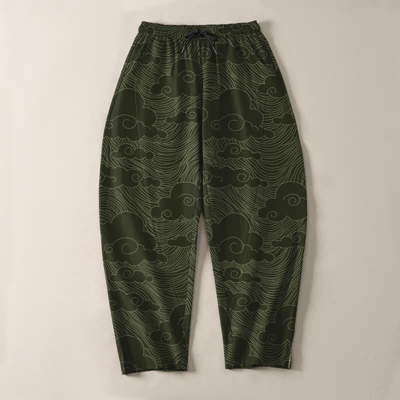 Buddha Stones Pantalon fuselé pour homme en pur coton, motif vagues et nuages ​​japonais, cordon de serrage et poches - image 9