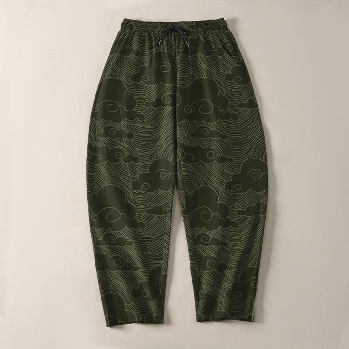 Buddha Stones Pantalon fuselé pour homme en pur coton, motif vagues et nuages ​​japonais, cordon de serrage et poches - image 9
