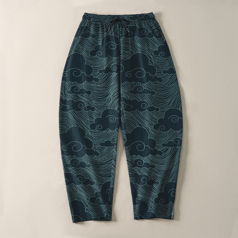 Buddha Stones Pantalon fuselé pour homme en pur coton, motif vagues et nuages ​​japonais, cordon de serrage et poches - image 13