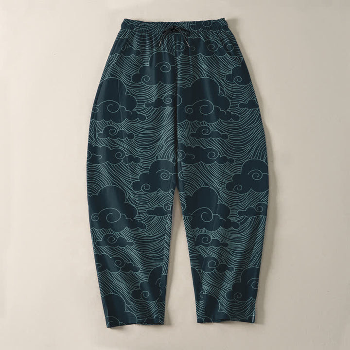 Buddha Stones Pantalon fuselé pour homme en pur coton, motif vagues et nuages ​​japonais, cordon de serrage et poches - image 13