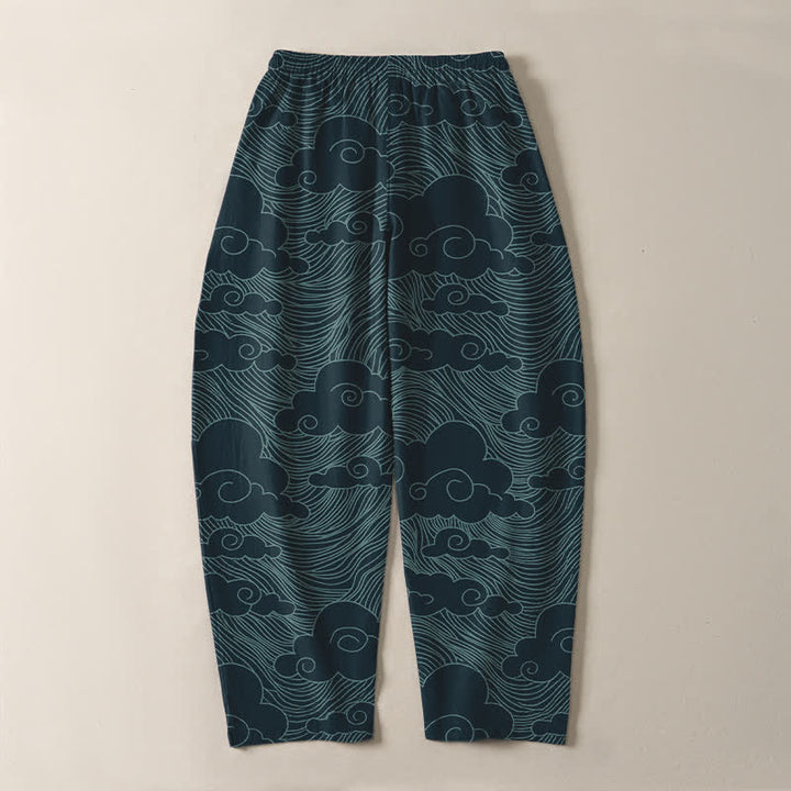 Buddha Stones Pantalon fuselé pour homme en pur coton, motif vagues et nuages ​​japonais, cordon de serrage et poches - image 14