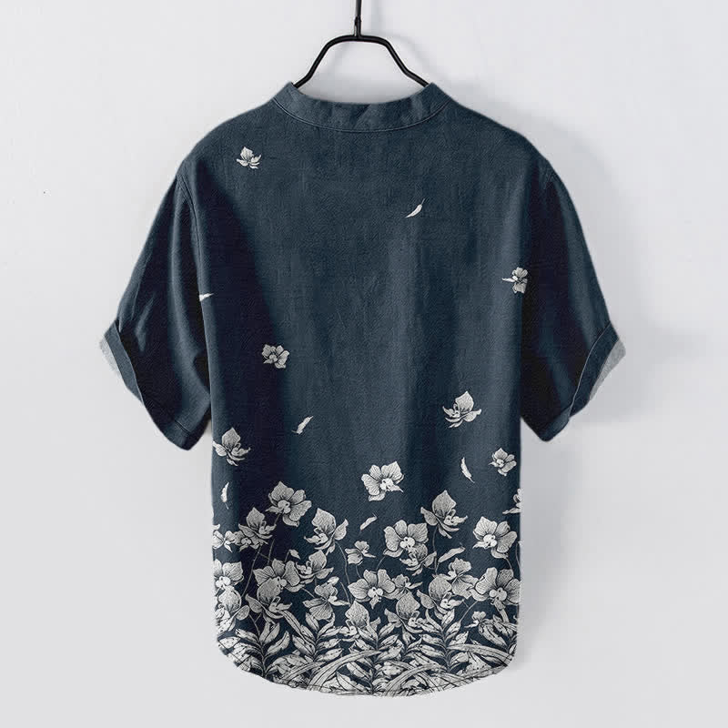 Buddha Stones Chemise à manches courtes et demi-boutonnée pour homme, en coton blanc à ourlet fleuri - Marine - US/UK/AU50，EU60 (5XL) - image 1