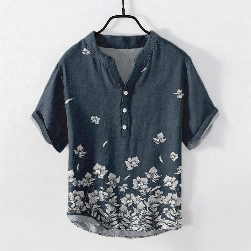 Buddha Stones Chemise à manches courtes et demi-boutonnée pour homme, en coton blanc à ourlet fleuri - image 0