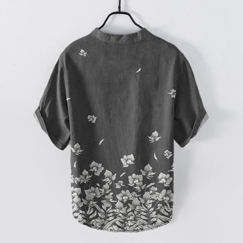 Buddha Stones Chemise à manches courtes et demi-boutonnée pour homme, en coton blanc à ourlet fleuri - image 6
