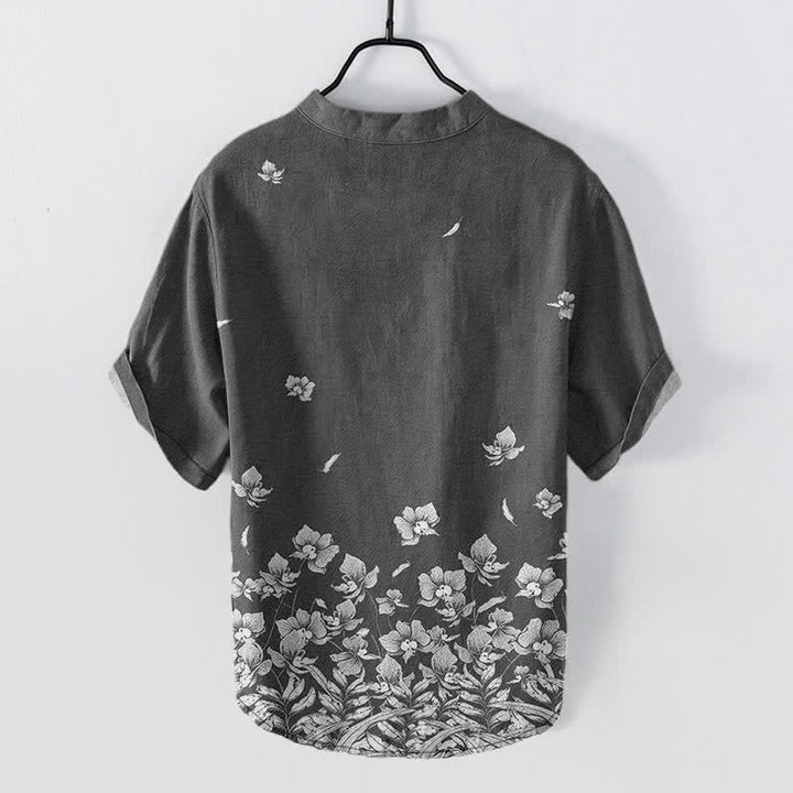 Buddha Stones Chemise à manches courtes et demi-boutonnée pour homme, en coton blanc à ourlet fleuri - image 6